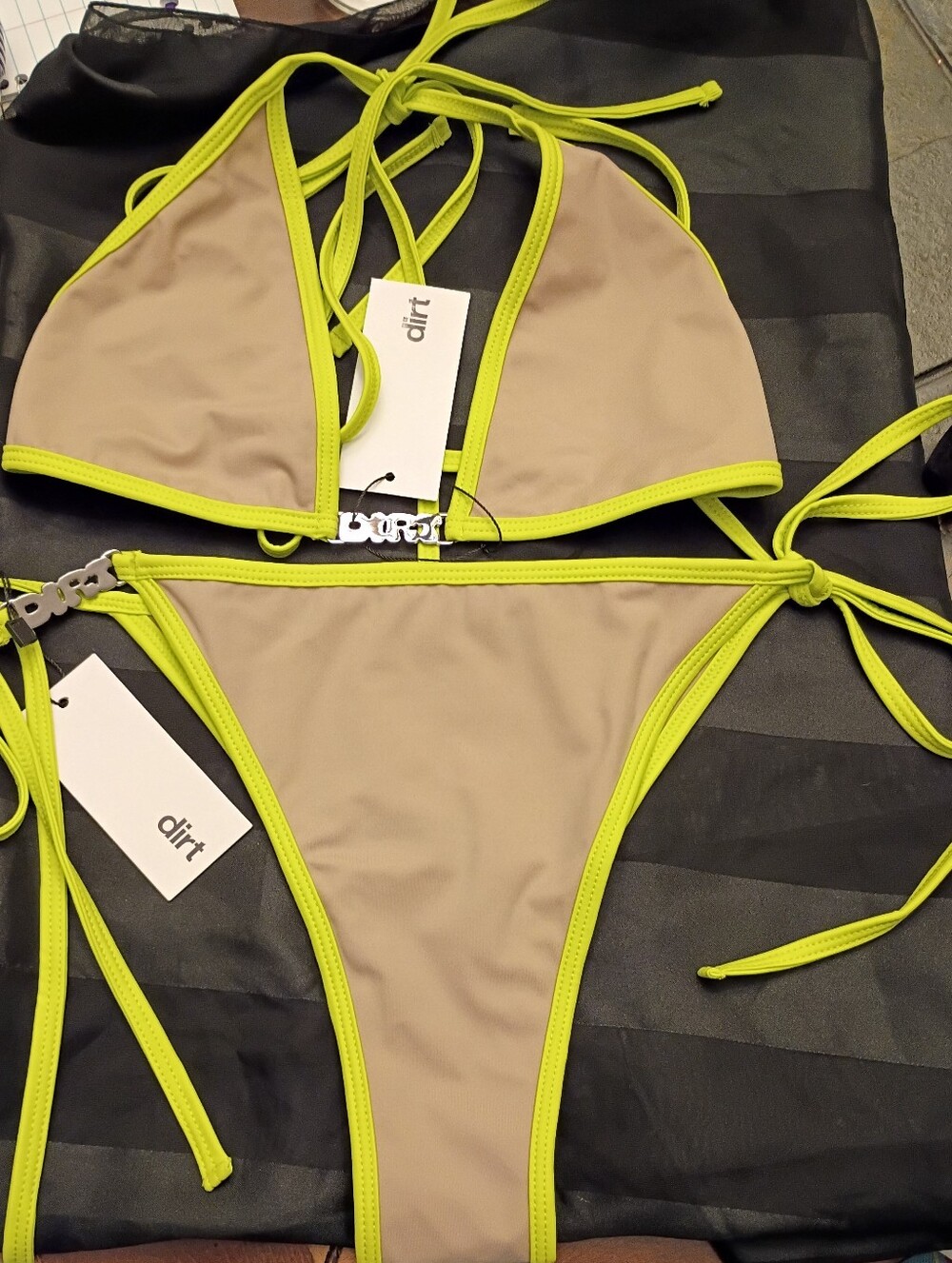 Dirt Taupe and Neon Lime Trim String Bikini